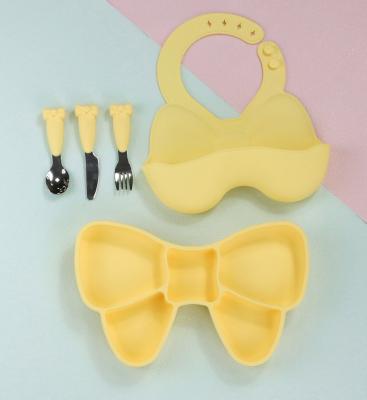 China Bow Knot Baby Feeding Suction Plate Cute Bib And Cartoon Spoon Fork Dish Sets for sale