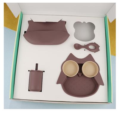 China Durably Soft Silicone Tableware Set Owl Plate Bowl Spoon Sippy Cup Bib for sale
