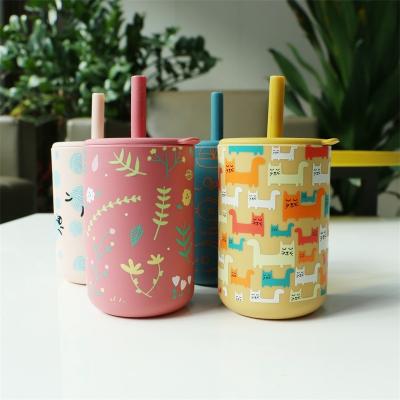 China Capacity 200ml Drinking Cup Silicone Kids Cup Style Printing Animal Cute Silicone Baby Training Cup With Straw zu verkaufen