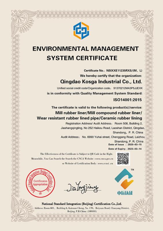 Environmental management system certificate - Qingdao Kosga Industrial Co., Ltd﻿﻿