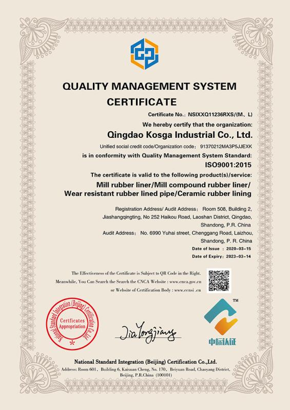Qualty management system certificate - Qingdao Kosga Industrial Co., Ltd﻿﻿