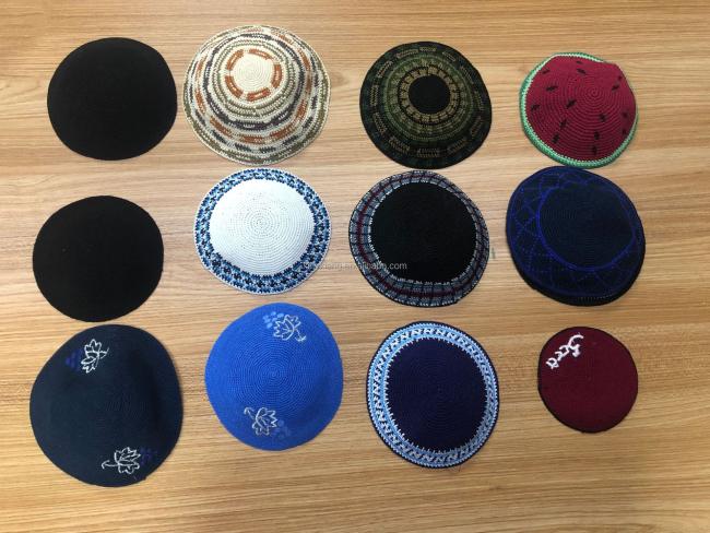 Factory Custom Hand Made 100% Cotton Hand Knitted Kippah Hat, Crochet Yarmulke Hats, Hand Crocheted Multi-Color Mosaic Kippah