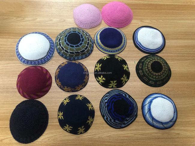 Factory Custom Hand Made 100% Cotton Hand Knitted Kippah Hat, Crochet Yarmulke Hats, Hand Crocheted Multi-Color Mosaic Kippah
