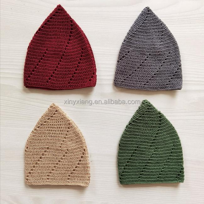 Factory Custom Knitted Muslim Prayer Mens Kufi Hat with Trapezoid Pattern, Cotton Open-Knit Turkish Muslim Islamic Kufi Hats