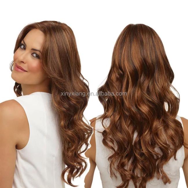 Factory Wholesale Long Wavy Synthetic Hair Wig With Full Bangs, Long Wavy Ombre Wig, Long curly luxurious wig with fringe