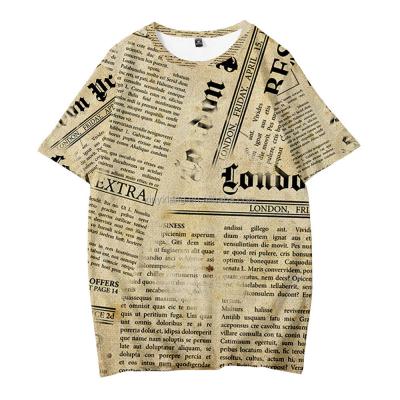China Factory Wholesale English Newspaper Print Crew Neck T-shirt, 2021 Newspaper Print Long Sleeve T-shirt In Multicolor for sale