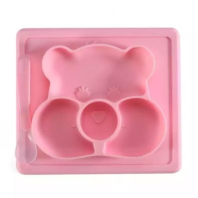 China Placa de alimentación del cuenco de la succión de Tray Customized Bear Shape Baby del bebé del silicón con la cuchara en venta