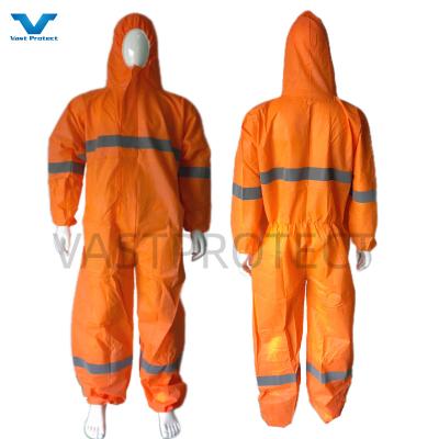China EN1149 Camisa de proteção individual 56GSM Microporoso EUA EPI descartável com fita refletora laranja à venda