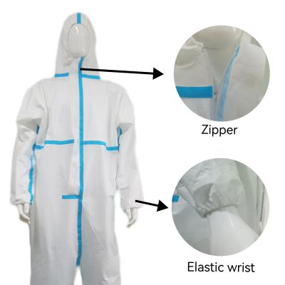China En14126 OEM Abrigos con capucha desechables con película microporosa blanca y franja azul en venta