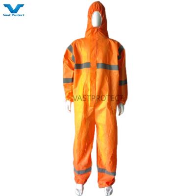 China Orange SMS 56GSM Tyvek Coverall with Reflective Tape Waist Style without Shoe Cover for sale