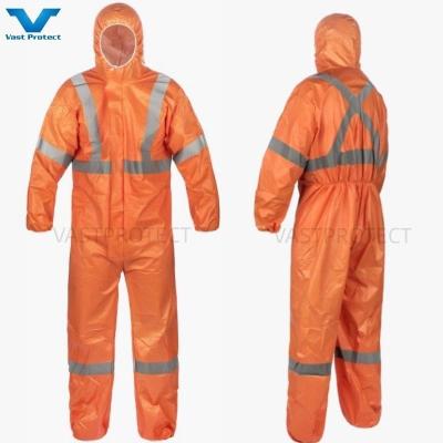 China OEM Accepted Elastic Wrist Disposable PP PE 56GSM Reflective Tape Orange Coveralls for sale