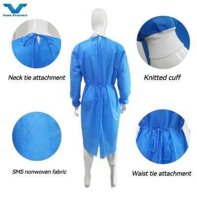 China Vestido quirúrgico azul transpirable Hipo alérgico SMS Tejido VASTPROTECT-501 Cuello redondo para adultos en venta