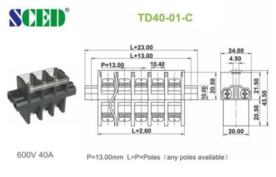 China Feed Through PBT Screw Terminal Block Connector 600V 40A  13.00mm for sale