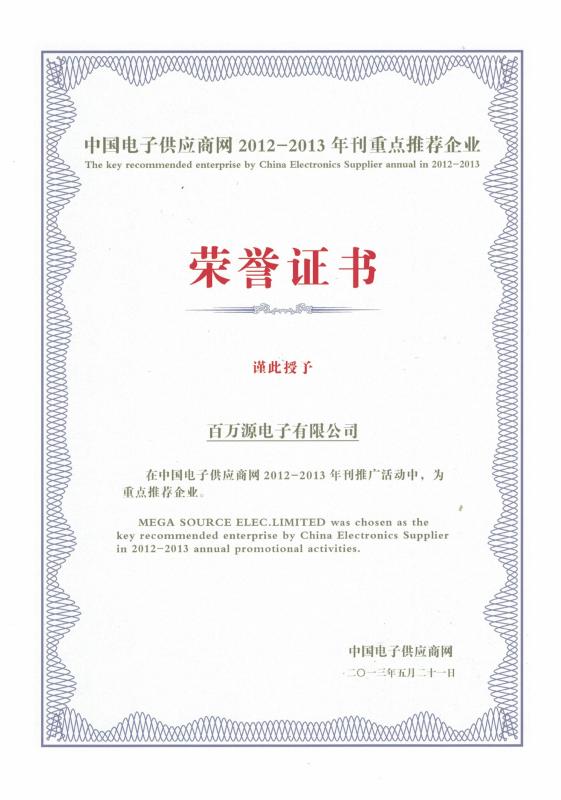 Honor Certificate - Mega Source Elec.Limited