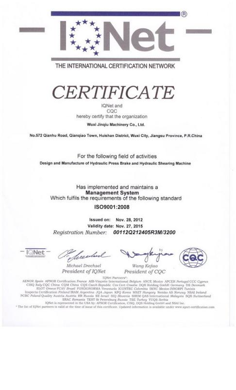 ISO:9001:2008 - JINQIU MACHINE TOOL COMPANY