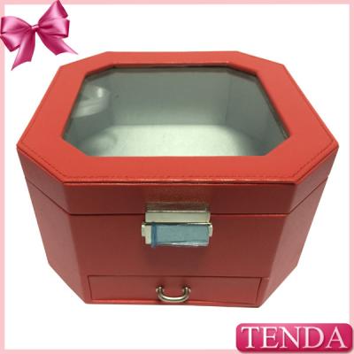 China Red Metal Locking Thread Stitching Leather Jewel Jewellery Jewelry Storage Drawer Boxes for sale