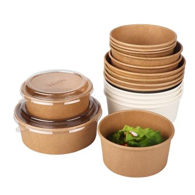 China Disposable 350ml Food Packing Container Kraft Paper Salad Bowl With Lid for sale
