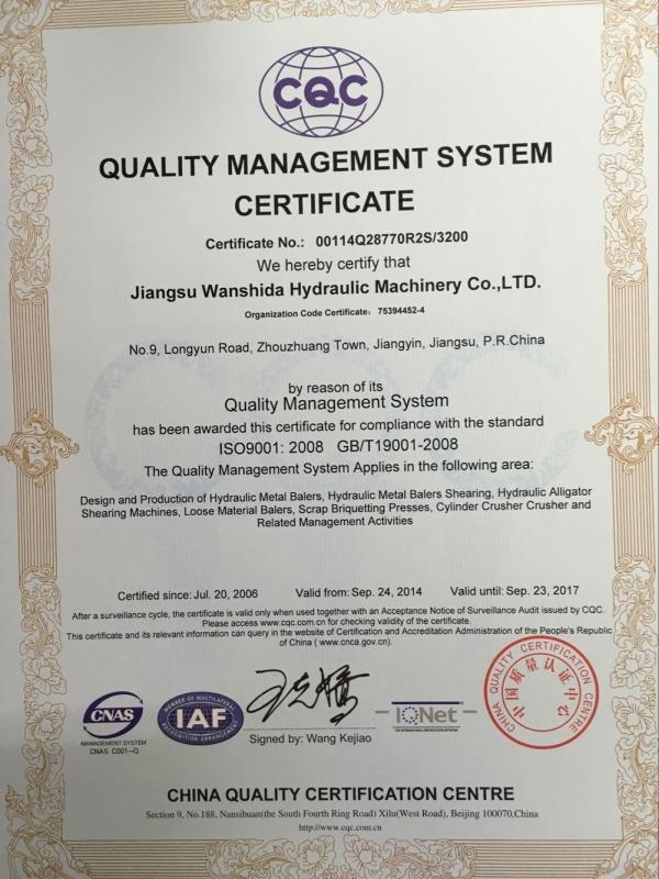 ISO9001:2008 - Jiangsu Wanshida Hydraulic Machinery Co., Ltd