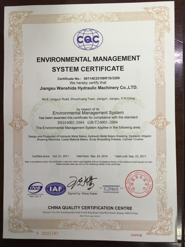 ISO14001:2004 - Jiangsu Wanshida Hydraulic Machinery Co., Ltd