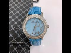 Bule MOP Dial stones alloy case Women Fashion Watch with genuine leather strap