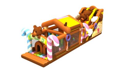 China Giant Custom Candy and Brown Bear Outdoor Inflatable Obstacle Course Games with Double Slides for sale