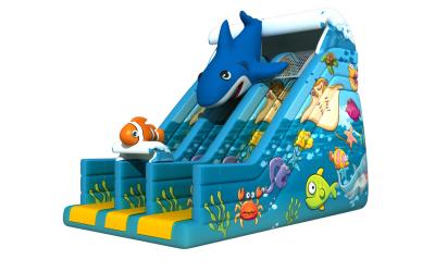 China Dark Blue Undersea World Lovely Dolphin Inflatable Dry Slide , 3 Years Guarantee for sale