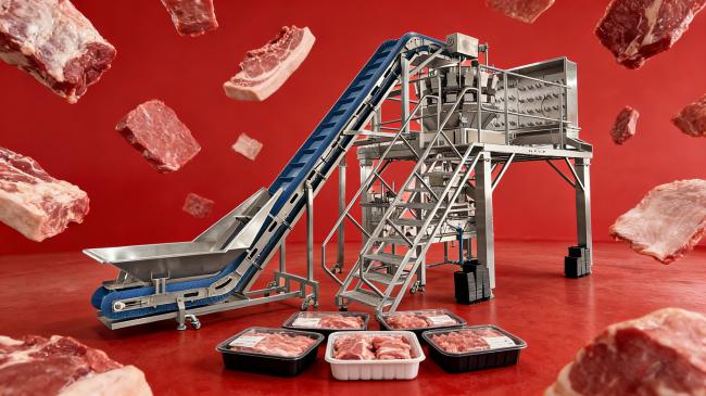 Automatic Food Tray Sealer Machine with Screw Multihead Weigher in operation