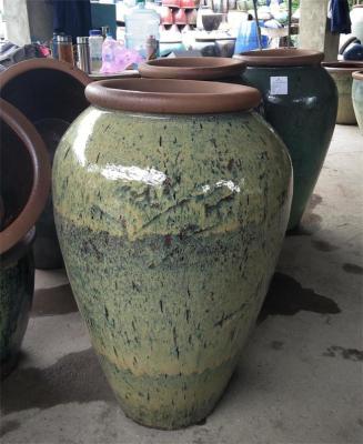China Green Archaize Glazed Round Rustic Outdoor Plant Pots for sale