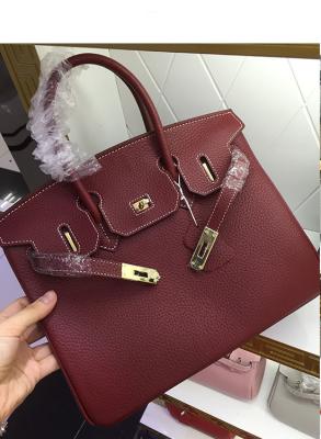 China hot sell 30cm 35cm high quality wine red ladies litchi leather handbags classic brand handbags L-RB1-15 for sale