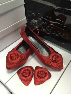 China high quality red cow hide shoes maternity shoes ladies flat shoes foldable ballet shoes rose flower dress shoes BS-16 for sale