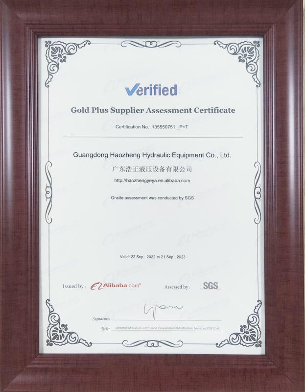 Gold Plus Supplier Assessment Certificate - Guangdong Haozheng Hydraulic Equipment Co., Ltd.