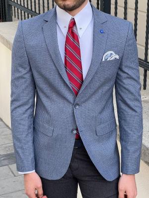 China Slim Fit Business Casual Suit Jacket Plaid Blue Cotton Blazer for sale