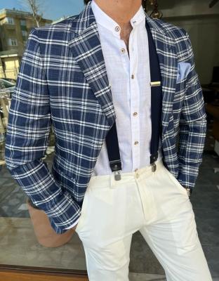 China Chaqueta azul marino de la tela escocesa de la chaqueta masculina del traje del Pes el 3% Elastane de la viscosa el 32% del 65% en venta