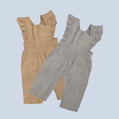 China Regular Fit Little Girls Linen Fabric Dungarees Overalls Manufacturer Flutter Sleeve Jumpsuit Casual Wear en venta