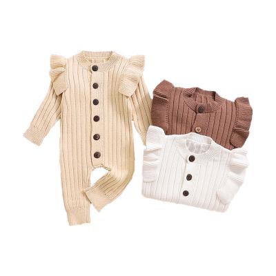 中国 Infant Baby Hand Knit Frill Sleeve Footless Romper One Piece Button Down Cotton Jumpsuit 販売のため