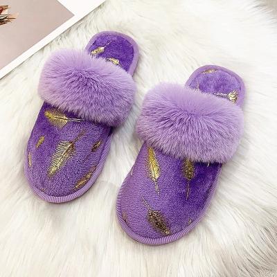 China 2020 New Fashion Trend Plush Fur Cotton Hairy House Slippers Ladies Home Indoor Flat Slippers Embroidery For Women for sale