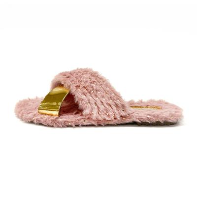 China 2020 fashion trend new plush ladies home hair flat slippers cross rabbit fur hairy women home slippers for sale