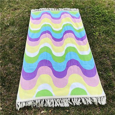China Wholesale 100% Cotton Superdry Custom Design Sand Free Printed Color Wave Pattern Bath Beach Towels with Tassels for sale