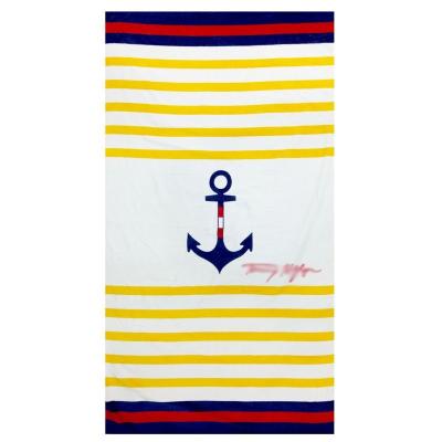 China Wholesale 100% cotton yellow and white  striped navy anchor printed beach towel for sale