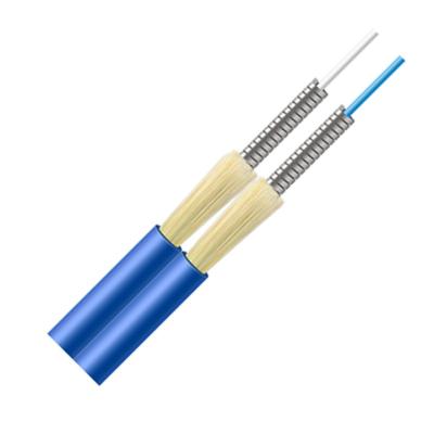China Armored fiber optic cable single mode, 2 core duplex zipcord blue fiber optic cable, with a stainless steel tube for sale