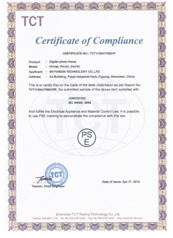 PSE Certificate of Compliance - Skyvision  Technology Co.,LTD