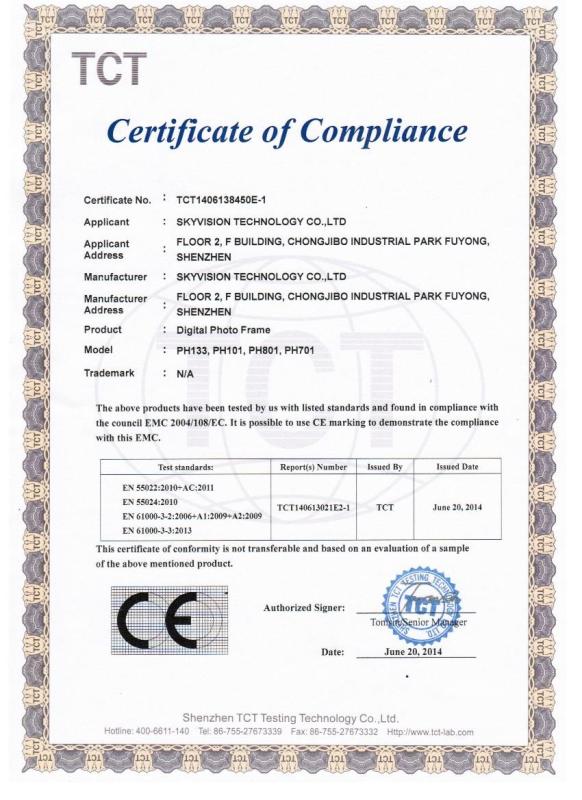 CE Certificate of Compliance - Skyvision  Technology Co.,LTD