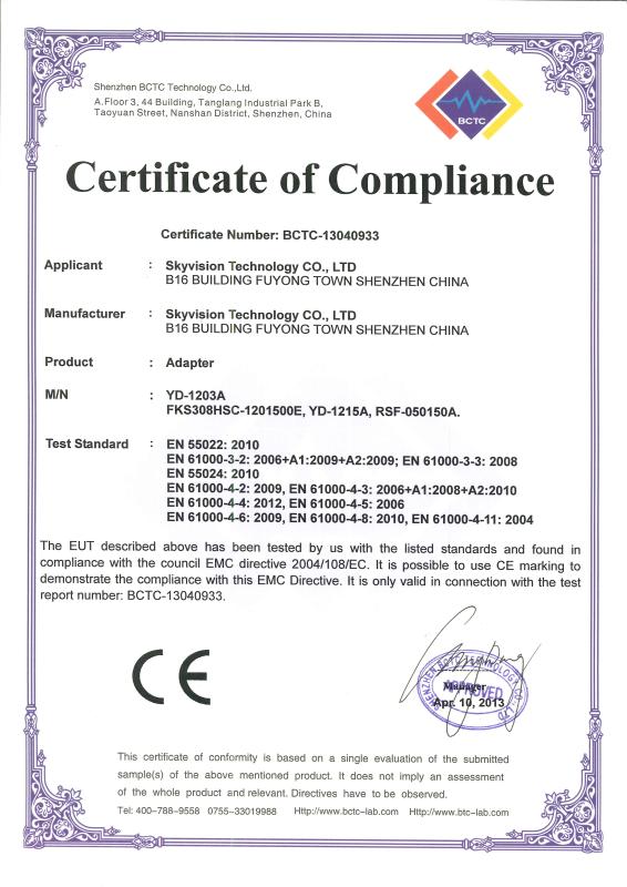 EMC Certification of complicance - Skyvision  Technology Co.,LTD