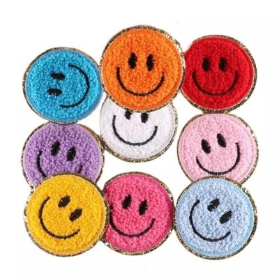 China Smile Face Glitter Chenille Iron On Patches Cloth Stickers Decorative For Clothing for sale