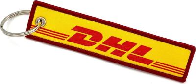 China Custom Logo Design DHL Flight Crew Embroidered Keyring Woven Keychain en venta