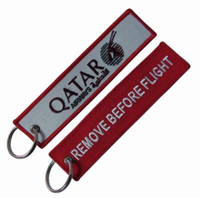China Qatar Flight Lanyard PMS Embroidery Keychain Tag Polyester Thread for sale