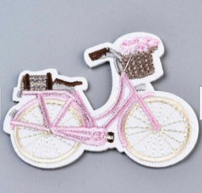 China Pink Bicycle Embroidered Patch Iron On Backing twill fabric For Clothing for sale