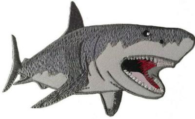 China Great White Shark Embroidered Patch Iron On Applique Twill Fabric Background Te koop