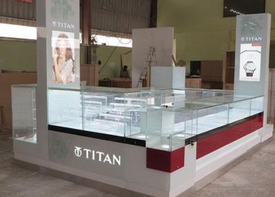 China Watch Custom Mall Kiosk Crystal Glass Combine Wood With LED Spot Lights for sale