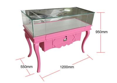 China Matte Pink Color Wood And Glass Display Cabinet With Small Drawers for sale